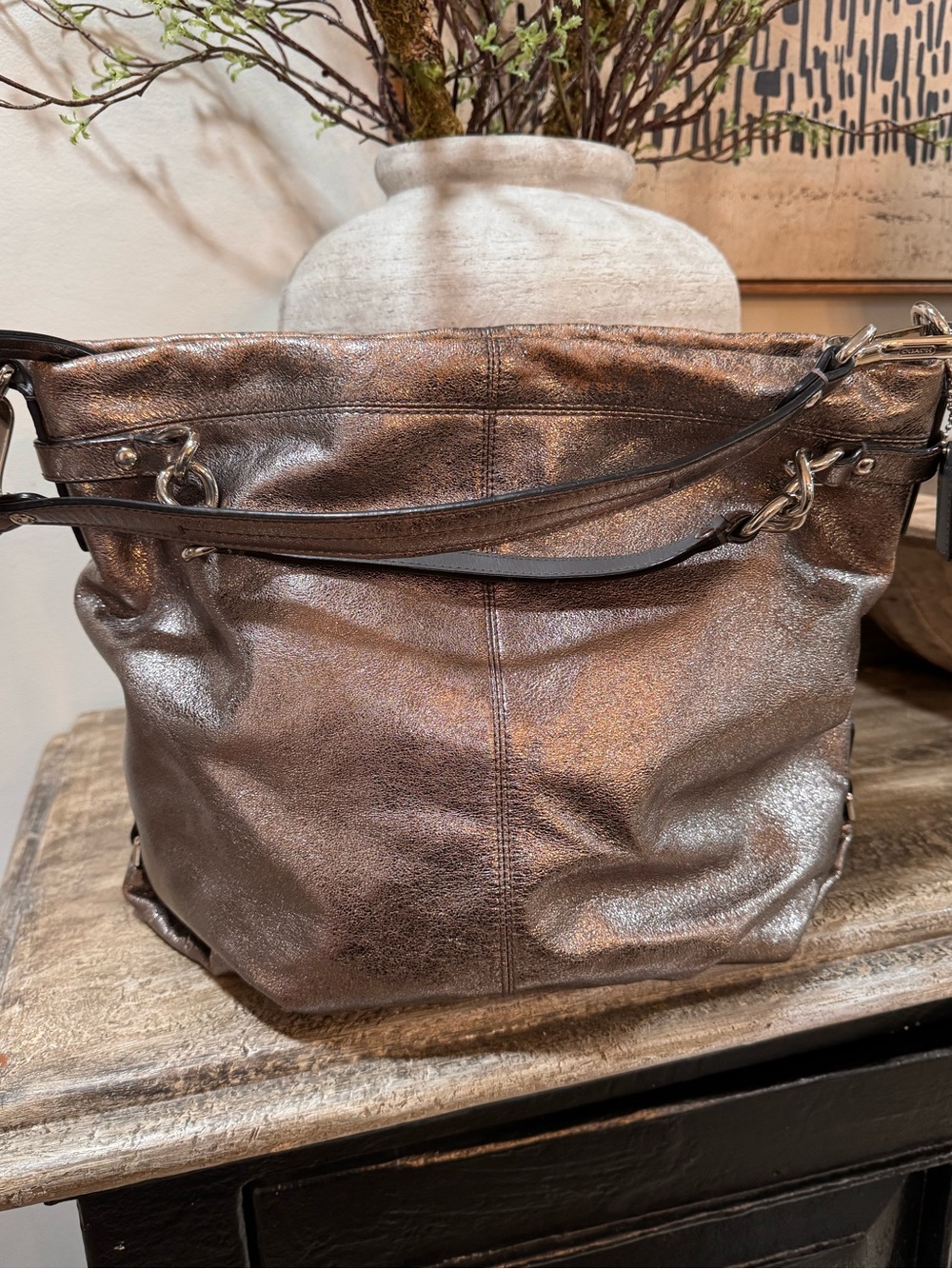 Coach Brooke Hobo Metallic Pewter Silver Leather Slouchy Shoulder Bag Purse